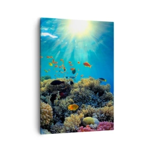 Bild auf Leinwand - Leinwandbild - Korallenriff mit Fischen in den Sonnenstrahlen unter Wasser - 50x70cm - Unterwasserschätze - Moderne Wanddekoration für Wohnzimmer und Schlafzimmer ARTTOR