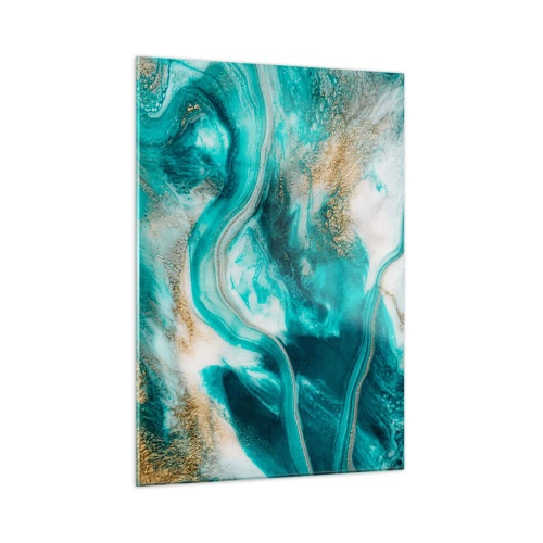 Glasbild - Bild auf glas - Eine abstrakte Komposition in Türkis mit goldenen Akzenten. - 50x70cm - Der Fluss aus Gold - Moderne Wanddekoration für Wohnzimmer und Schlafzimmer ARTTOR