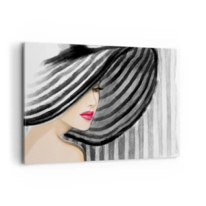 Bild auf Leinwand - Leinwandbild - Frau trägt einen schwarz-weißen Hut mit rotem Akzent - 120x80cm - Wo soll ich dich finden? - Moderne Wanddekoration für Wohnzimmer und Schlafzimmer ARTTOR