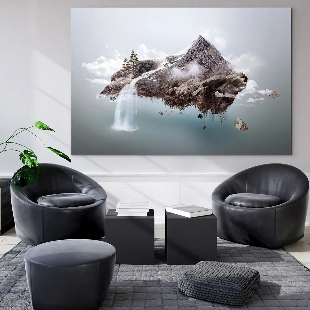 Glasbild - Bild auf glas - Eine schwimmende Berginsel mit einem Wasserfall im surrealen Stil. - 120x80cm - Mit dem Auge eines Surrealisten - Moderne Wanddekoration für Wohnzimmer und Schlafzimmer ARTTOR