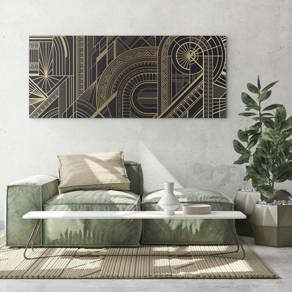 Glasbild - Bild auf glas - Goldene geometrische Muster auf schwarzem Hintergrund im Art-Deco-Stil - 160x50cm - Konzepte, Ideen, Pläne - Moderne Wanddekoration für Wohnzimmer und Schlafzimmer ARTTOR