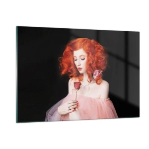 Glasbild - Bild auf glas - Porträt einer Frau mit roten Haaren und einer Rose vor dunklem Hintergrund - 120x80cm - Im barocken Stil - Moderne Wanddekoration für Wohnzimmer und Schlafzimmer ARTTOR