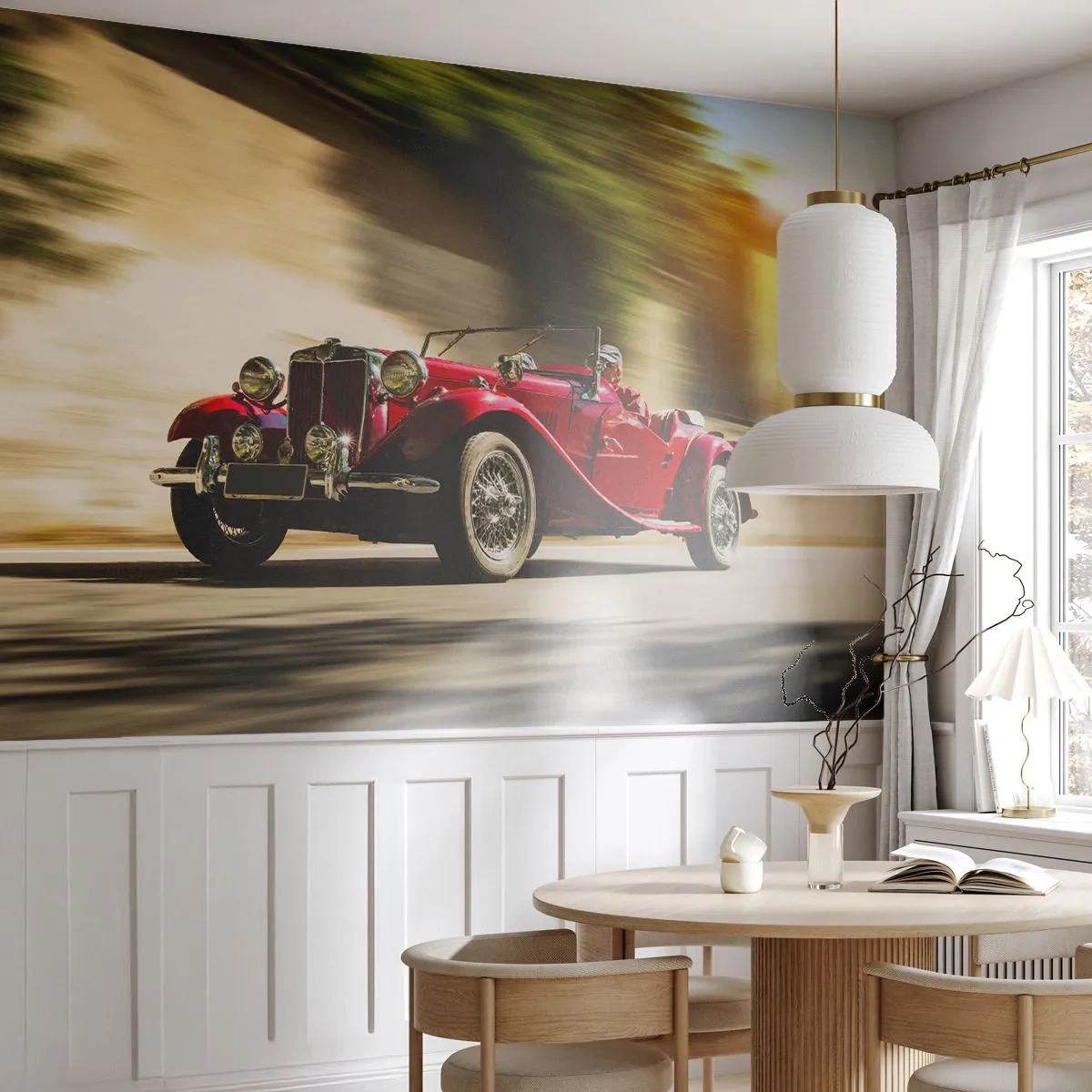 Fototapete Premium Sand - Ein rotes klassisches Cabrio in dynamischer Bewegung - 100x70cm - Schöner als Nike von Samothrake - Moderne Wanddekoration für Wohnzimmer und Schlafzimmer ARTTOR