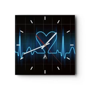 Wanduhr - Glasuhr - Eine Lebenslinie mit einem Herz auf einem medizinischen Überwachungshintergrund in Blautönen. - 30x30cm - Im Rhythmus des Herzens - Moderne Wanddekoration für Wohnzimmer und Schlafzimmer ARTTOR