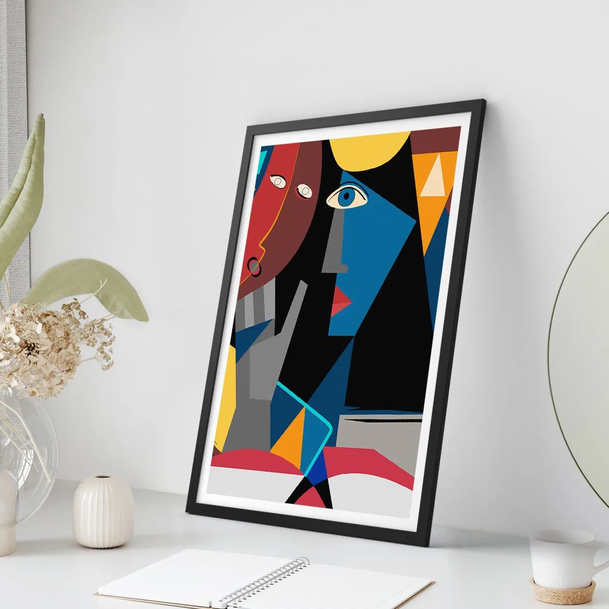 Poster in einem schwarzem Rahmen - Kubistische Abstraktion eines Gesichts in lebendigen Farben - 50x70cm - Gespräch zwischen Kubisten - Moderne Wanddekoration für Wohnzimmer und Schlafzimmer ARTTOR