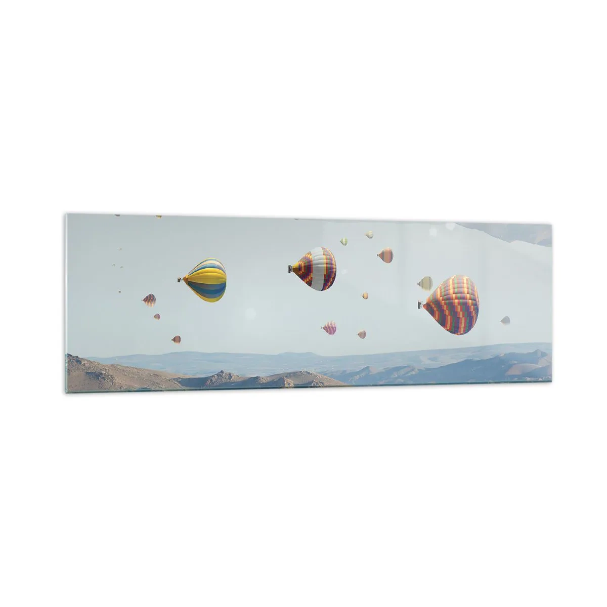 Glasbild - Bild auf glas - Bunte Ballons über einer felsigen Landschaft - 160x50cm - Hier ist alles möglich - Moderne Wanddekoration für Wohnzimmer und Schlafzimmer ARTTOR