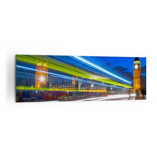 Bild auf Leinwand - Leinwandbild - Big Ben bei Nacht mit der Wirkung von Lichtern im Straßenverkehr - 160x50cm - Unter den wachsamen Augen von Big Ben - Moderne Wanddekoration für Wohnzimmer und Schlafzimmer ARTTOR