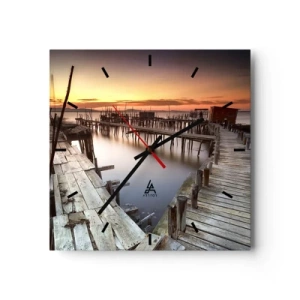 Wanduhr - Glasuhr - Holzstege auf ruhigem Wasser bei Sonnenuntergang - 30x30cm - Authentisch, keine Touristenattrappe - Moderne Wanddekoration für Wohnzimmer und Schlafzimmer ARTTOR