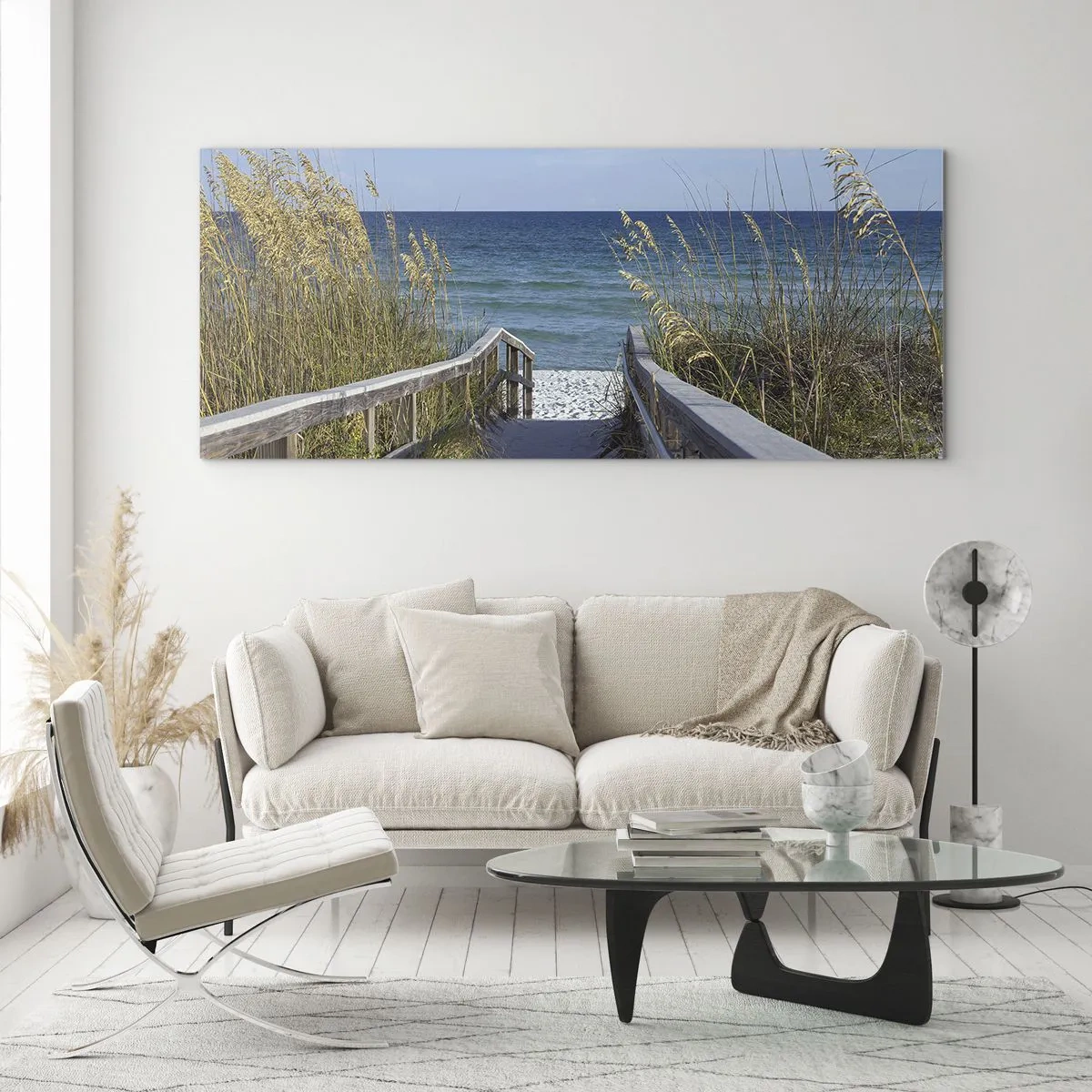 Glasbild - Bild auf glas - Weg zum Strand mit Meerblick - 120x50cm - In der Sonne, im Wind - Moderne Wanddekoration für Wohnzimmer und Schlafzimmer ARTTOR
