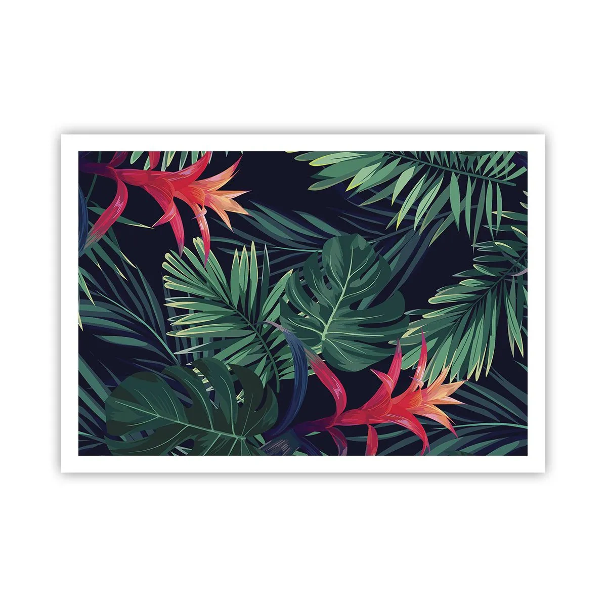 Poster - Tropische Blätter und Blüten auf dunklem Hintergrund - 100x70cm - Im Grünen in Flammen gehen - Moderne Wanddekoration für Wohnzimmer und Schlafzimmer ARTTOR