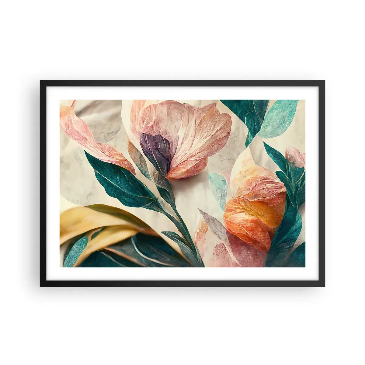 Poster in einem schwarzem Rahmen - Bunte Blumen im tropischen Stil auf hellem Hintergrund - 70x50cm - Blumen der südlichen Inseln - Moderne Wanddekoration für Wohnzimmer und Schlafzimmer ARTTOR