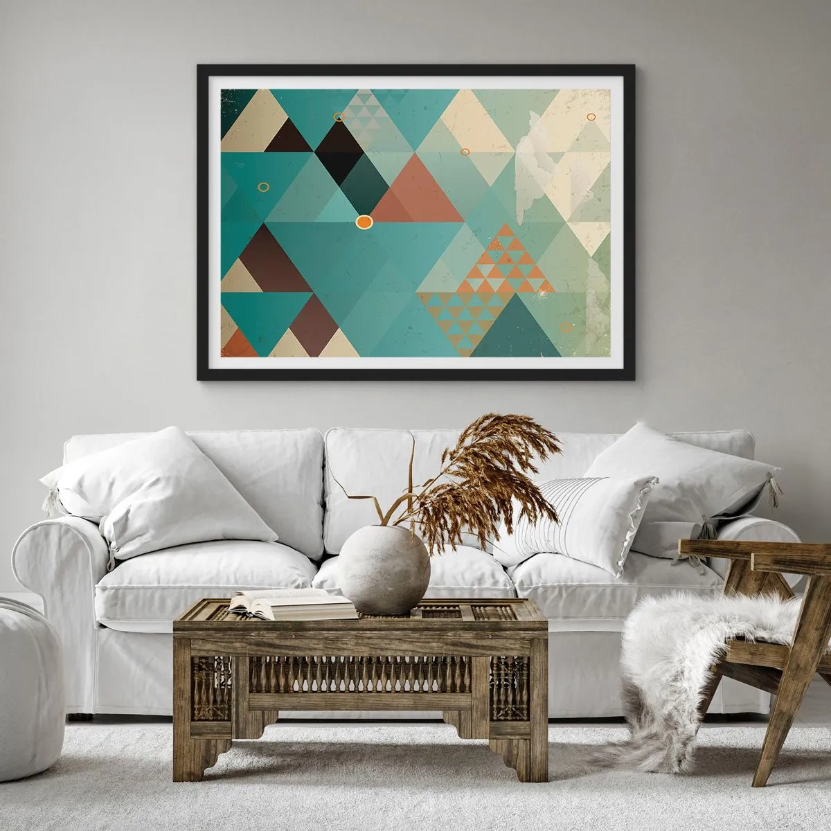 Poster in einem schwarzem Rahmen - Geometrische Muster in Türkis- und Brauntönen - 70x50cm - Einheit der Vielheit, Vielheit der Einheit - Moderne Wanddekoration für Wohnzimmer und Schlafzimmer ARTTOR