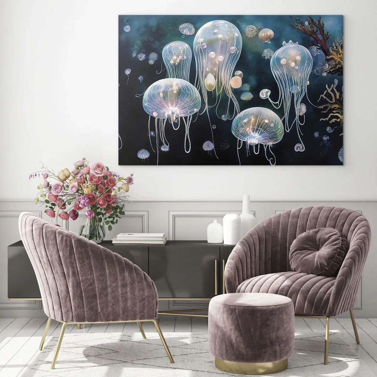 Glasbild - Bild auf glas - Quallen im leuchtenden Tanz der Unterwasserwelt - 70x50cm - Unterwasserball - Moderne Wanddekoration für Wohnzimmer und Schlafzimmer ARTTOR