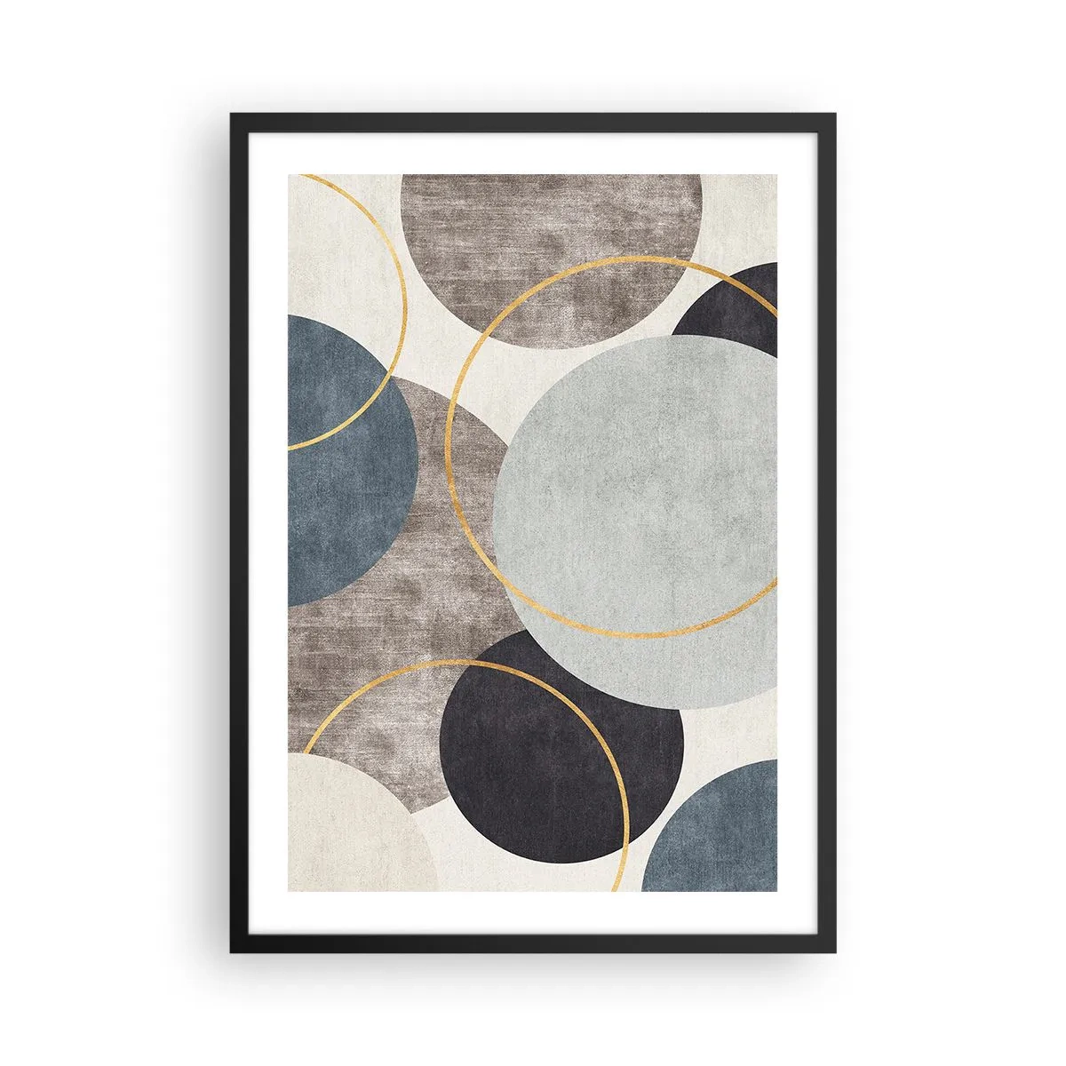 Poster in einem schwarzem Rahmen - Abstrakte geometrische Komposition mit Kreisen in Blautönen. - 50x70cm - Rad für Rad - Moderne Wanddekoration für Wohnzimmer und Schlafzimmer ARTTOR