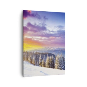 Bild auf Leinwand - Leinwandbild - Winterlandschaft mit Bergen und Wald bei Sonnenuntergang - 50x70cm - Am helllichten Tag - Moderne Wanddekoration für Wohnzimmer und Schlafzimmer ARTTOR