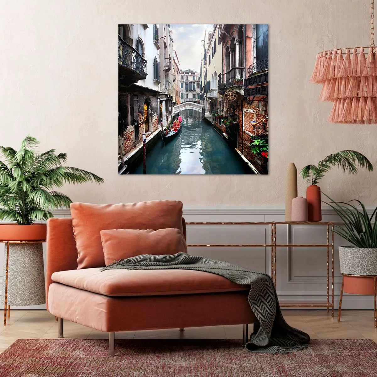 Bild auf Leinwand - Leinwandbild - Venezianische Landschaft mit Gondel und Brücke - 50x50 cm