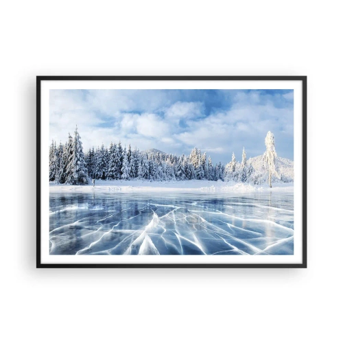 Poster in einem schwarzem Rahmen - Ein zugefrorener See, umgeben von einem schneebedeckten Wald - 100x70cm - Eine schillernde und kristallklare Aussicht - Moderne Wanddekoration für Wohnzimmer und Schlafzimmer ARTTOR