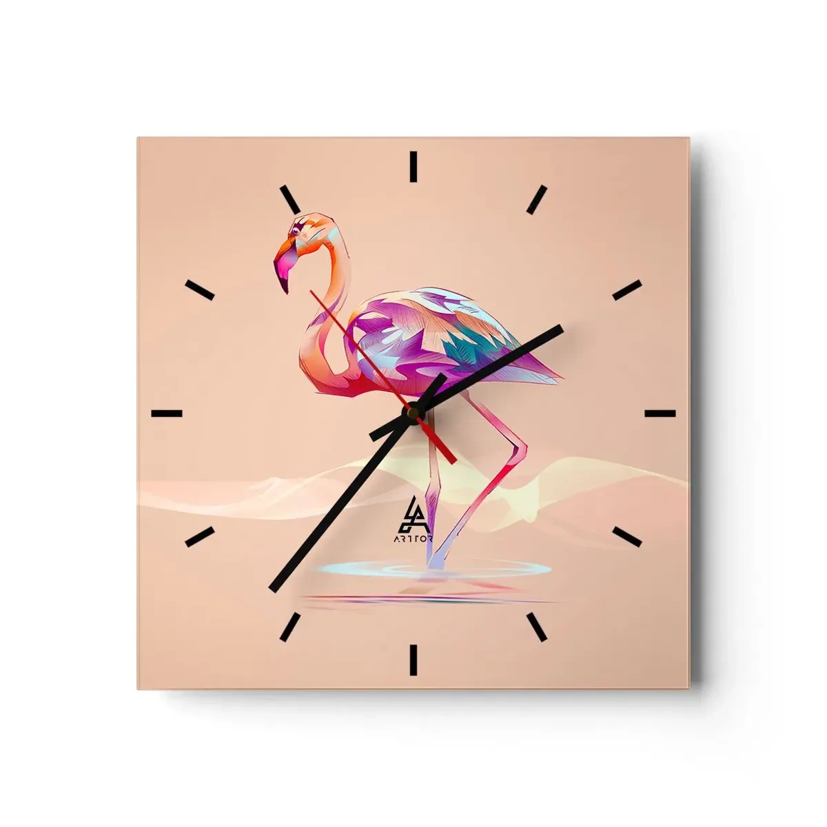 Wanduhr - Glasuhr - Ein abstrakter Flamingo in hellen Pastellfarben. - 30x30cm - Der Vogel der guten Gefühle - Moderne Wanddekoration für Wohnzimmer und Schlafzimmer ARTTOR