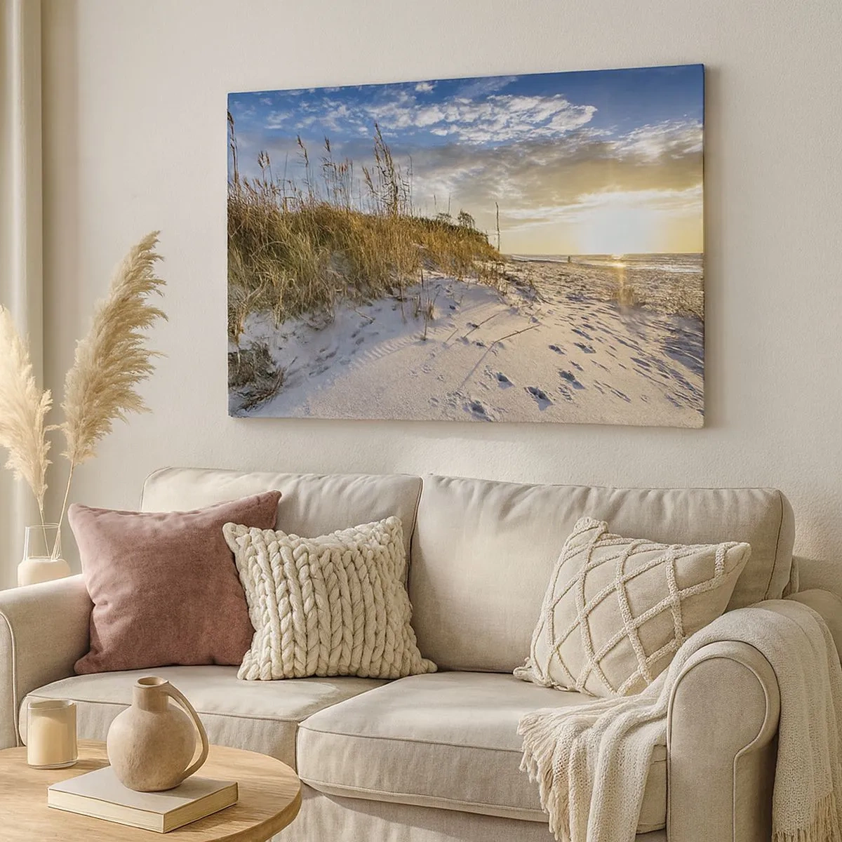 Bild auf Leinwand - Leinwandbild - Dünen mit Gras und Fußspuren im Sand bei Sonnenuntergang - 70x50cm - Einladung zu einem Spaziergang - Moderne Wanddekoration für Wohnzimmer und Schlafzimmer ARTTOR