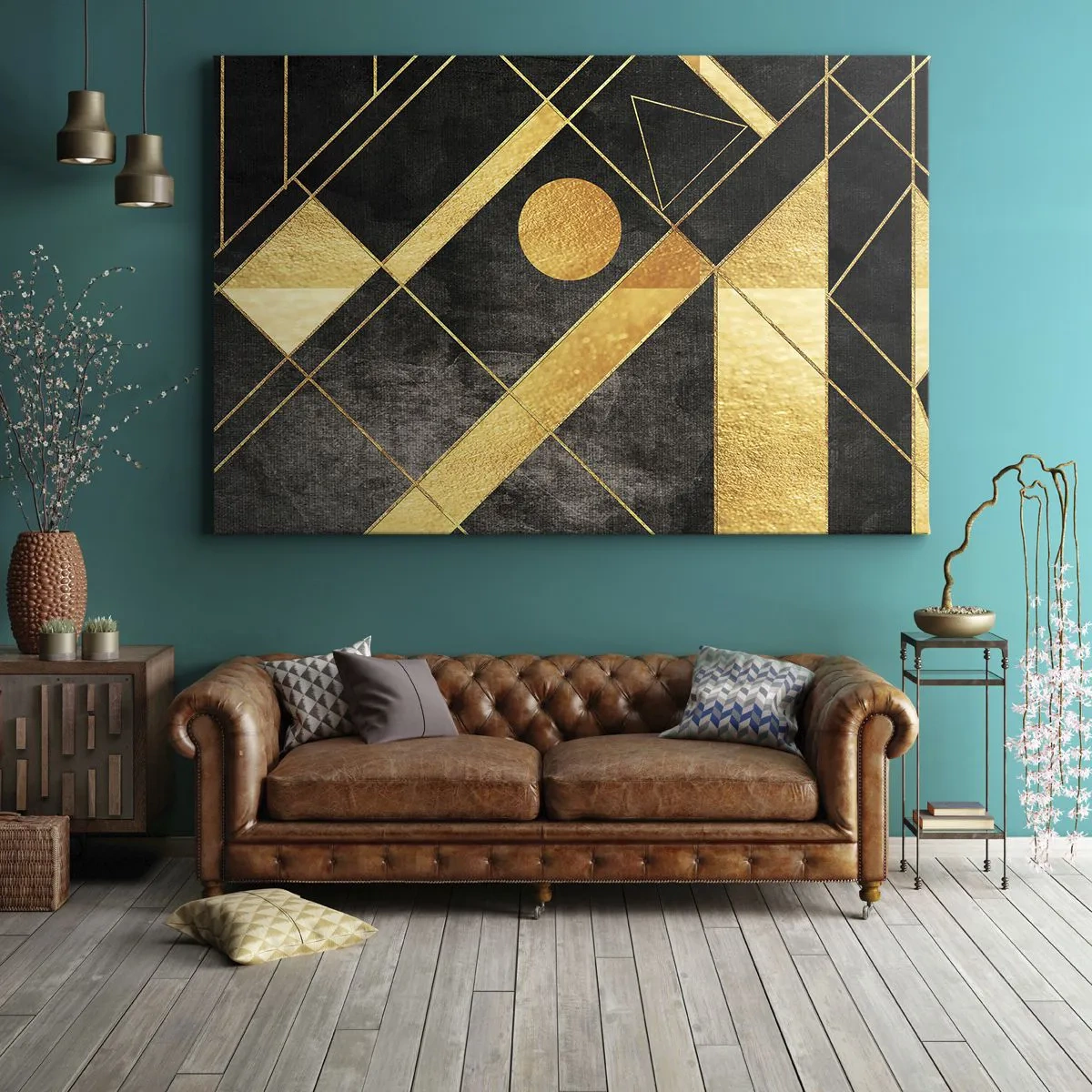Bild auf Leinwand - Leinwandbild - Geometrische Formen in Gold- und Schwarztönen - 100x70cm - Die Sonne der Wüste - Moderne Wanddekoration für Wohnzimmer und Schlafzimmer ARTTOR