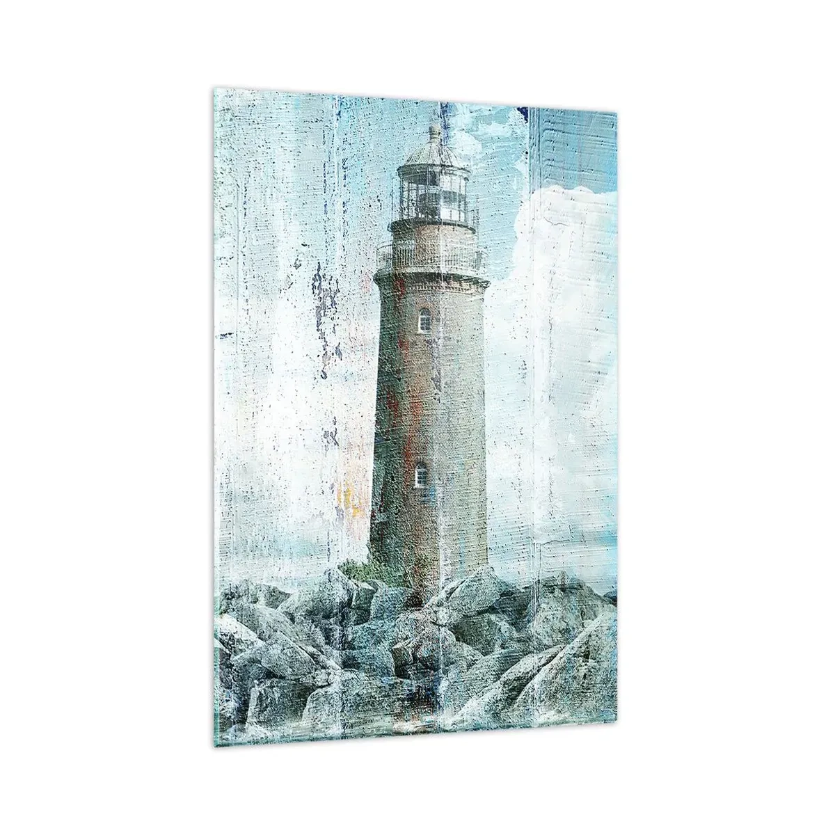 Glasbild - Bild auf glas - Ein Leuchtturm an einer felsigen Küste in Pastellfarben - 80x120cm - Auf altem Holz - Moderne Wanddekoration für Wohnzimmer und Schlafzimmer ARTTOR