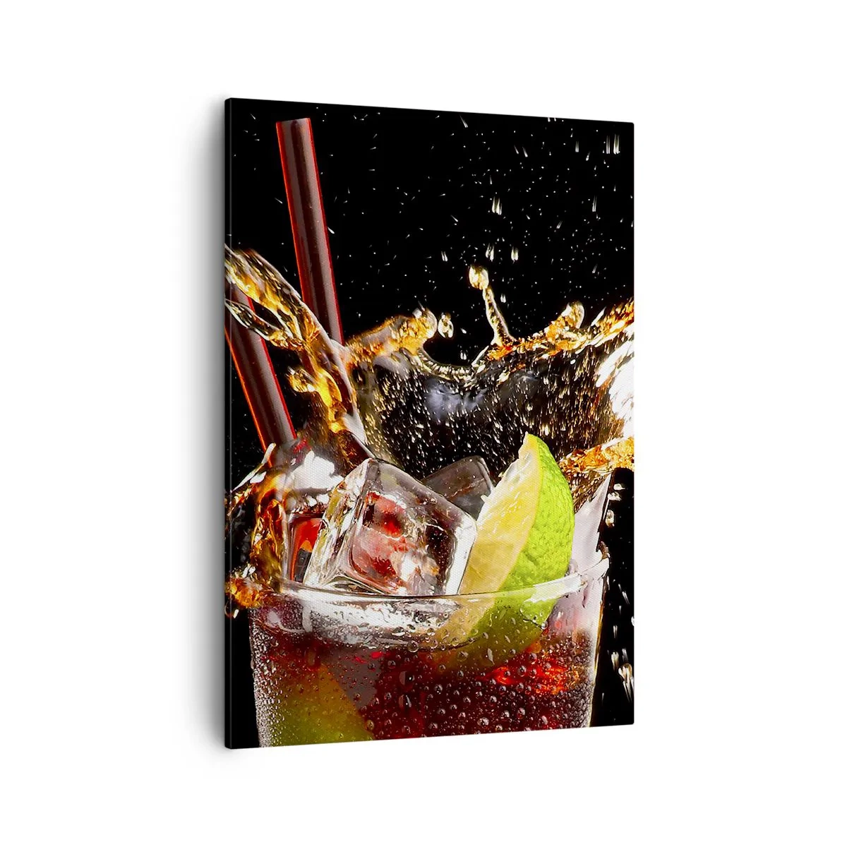 Bild auf Leinwand - Leinwandbild - Ein Glas Getränk, Limette und Eis im Moment des dynamischen Spritzens - 50x70cm - Freude und Energie der Farben - Moderne Wanddekoration für Wohnzimmer und Schlafzimmer ARTTOR