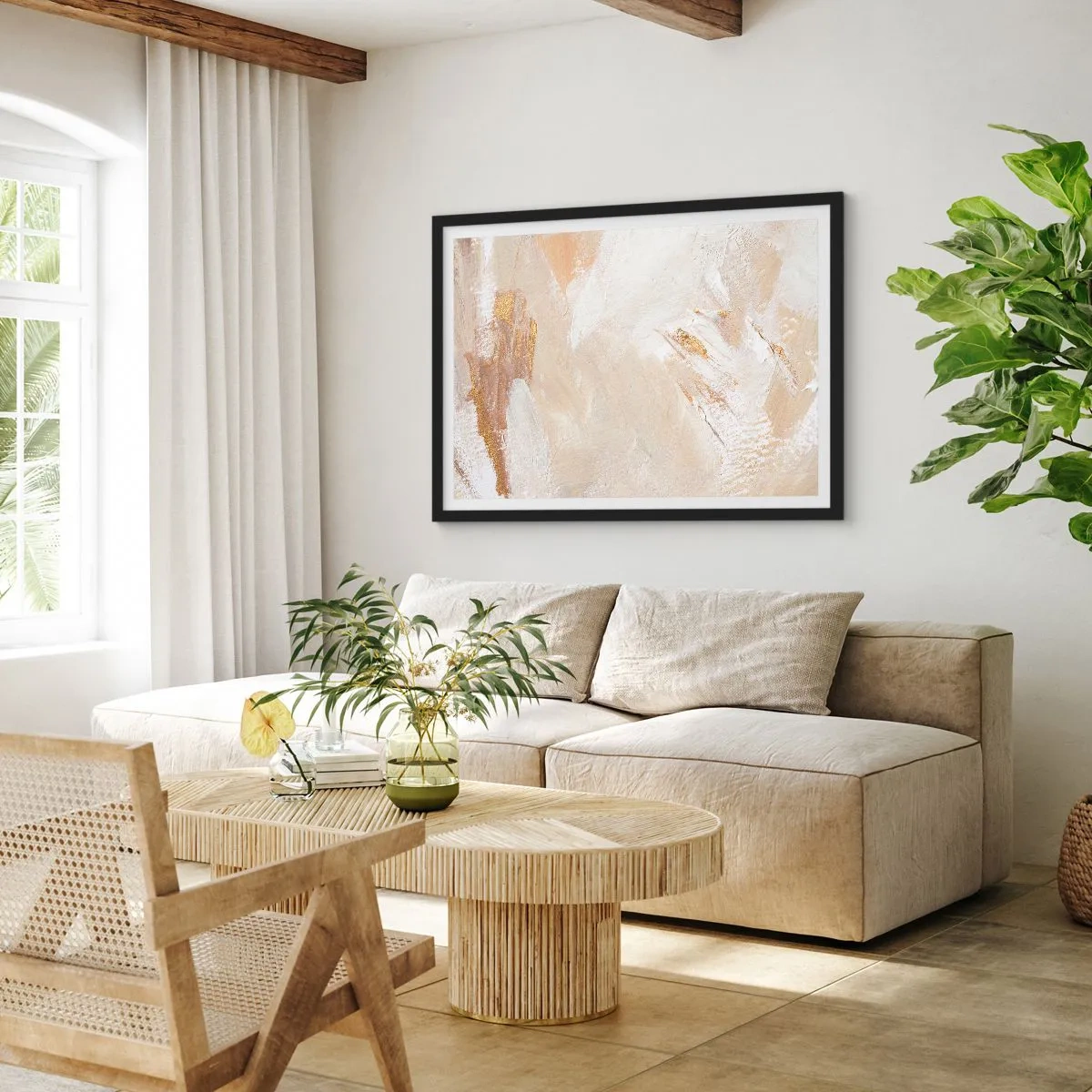 Poster in einem schwarzem Rahmen - Zarte abstrakte Töne in Beige- und Goldtönen - 70x50cm - Pastellkomposition - Moderne Wanddekoration für Wohnzimmer und Schlafzimmer ARTTOR