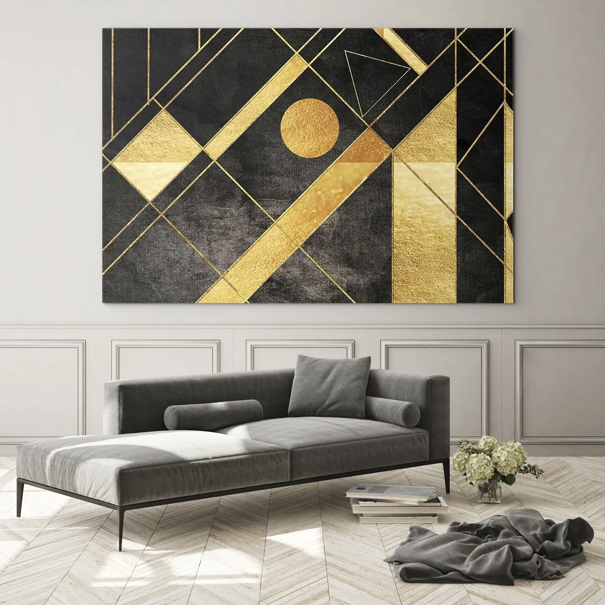 Glasbild - Bild auf glas - Goldene geometrische Muster auf schwarzem Hintergrund - 120x80cm - Die Sonne der Wüste - Moderne Wanddekoration für Wohnzimmer und Schlafzimmer ARTTOR