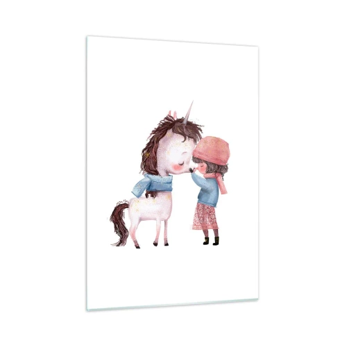 Glasbild - Bild auf glas - Ein Mädchen und ein Einhorn in einer Winterlandschaft - 50x70cm - Ein Wintermärchen - Moderne Wanddekoration für Wohnzimmer und Schlafzimmer ARTTOR