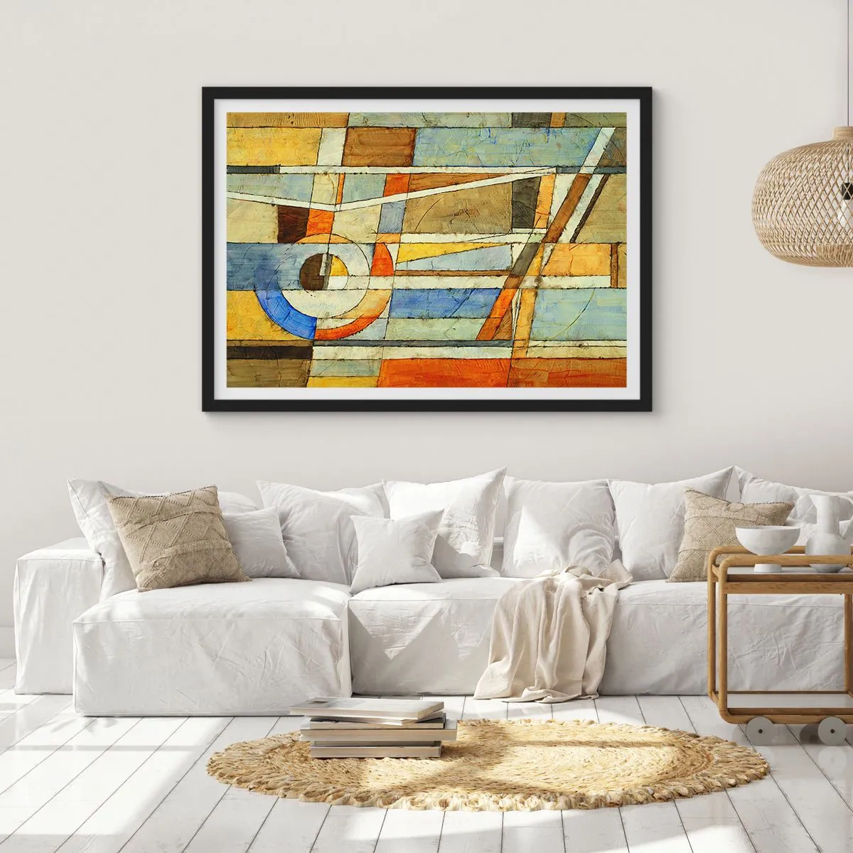 Poster in einem schwarzem Rahmen - Geometrische Abstraktion in Beige-, Blau- und Orangetönen - 100x70cm - Kubismus auf der Baustelle - Moderne Wanddekoration für Wohnzimmer und Schlafzimmer ARTTOR