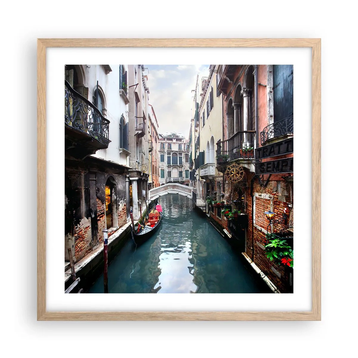 Poster in einem Rahmen aus heller Eiche - Venezianische Landschaft mit Gondel und Brücke - 50x50 cm