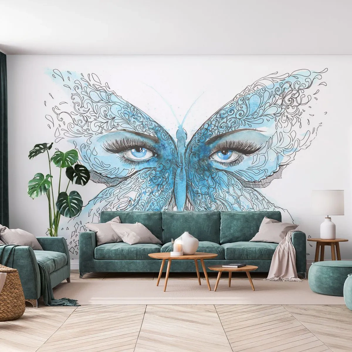 Fototapete Premium Sand - Eros Blaumeise - Abstraktion, Schmetterling, Weibliche Augen - 350x256 cm