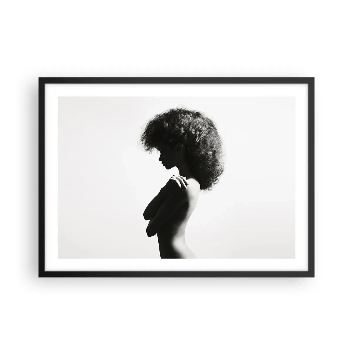 Poster in einem schwarzem Rahmen - Eine subtile Silhouette einer Frau in Schwarz-Weiß-Tönen auf hellem Hintergrund - 70x50cm - Wie eine Blume auf einem schlanken Stiel - Moderne Wanddekoration für Wohnzimmer und Schlafzimmer ARTTOR