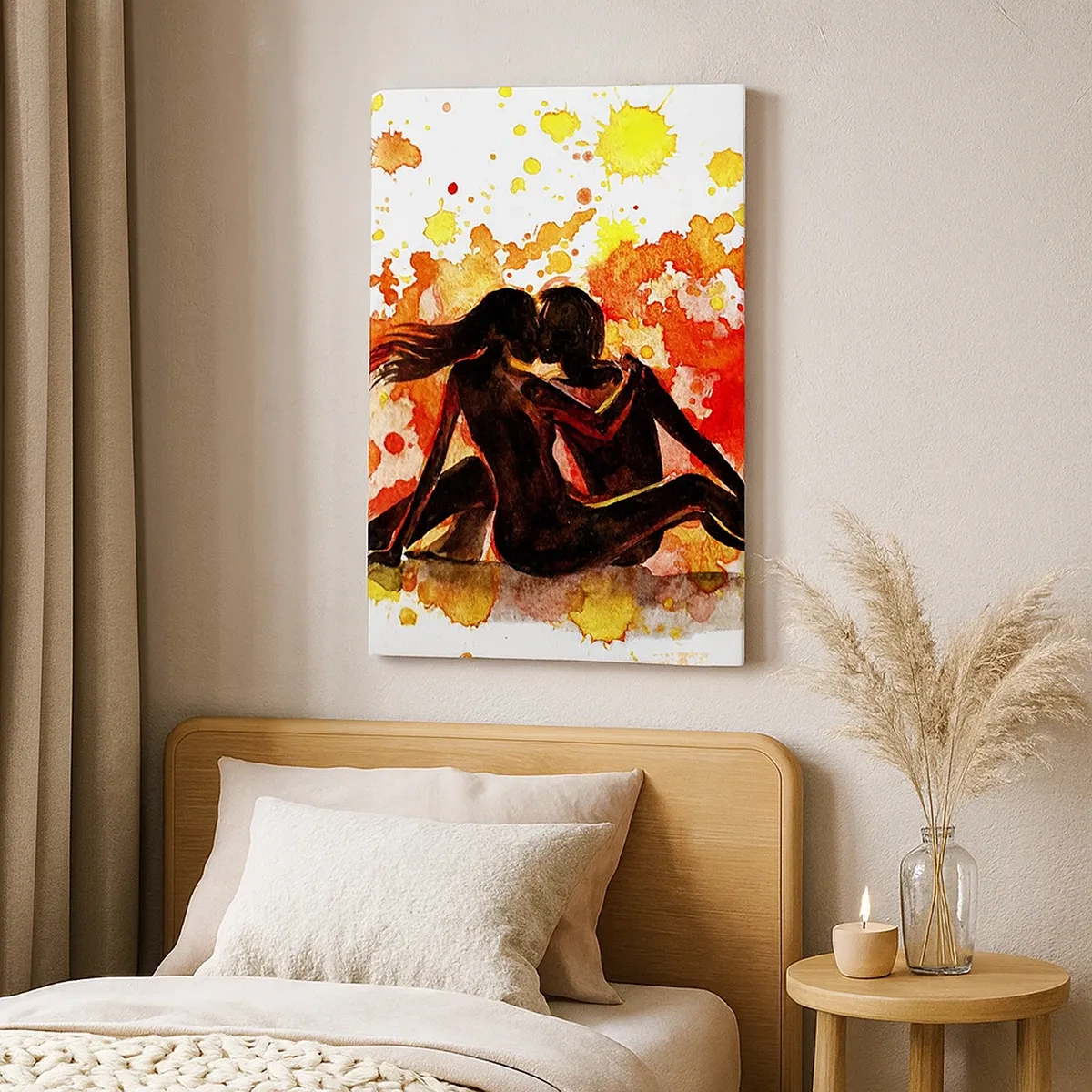 Bild auf Leinwand - Leinwandbild - Ein romantisches Aquarell von zwei Menschen in warmen Farben. - 50x70cm - Und es war Licht - Moderne Wanddekoration für Wohnzimmer und Schlafzimmer ARTTOR