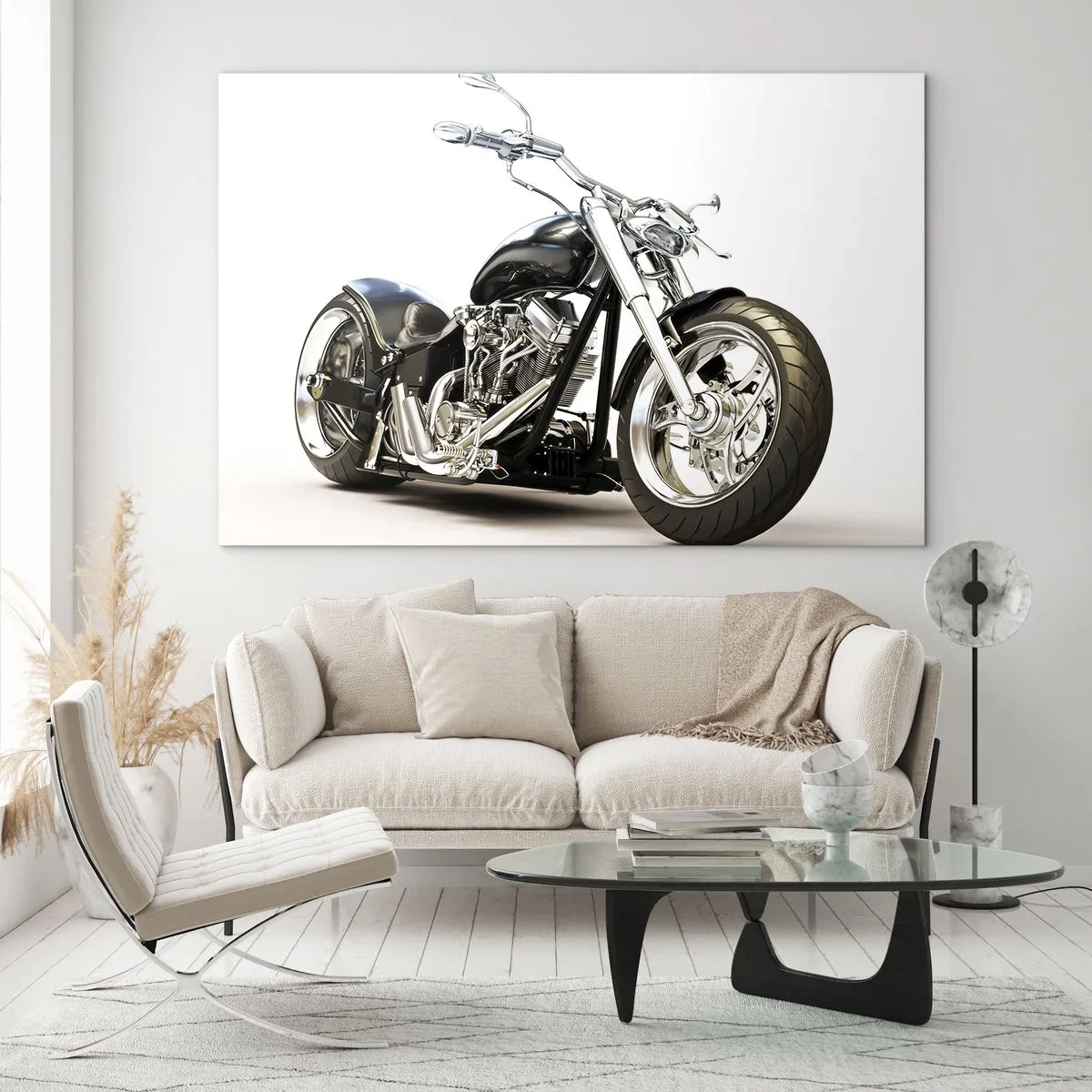 Glasbild - Bild auf glas - Ein schwarzes Chopper-Motorrad auf hellem Hintergrund - 100x70cm - Stärke mit Charakter - Moderne Wanddekoration für Wohnzimmer und Schlafzimmer ARTTOR