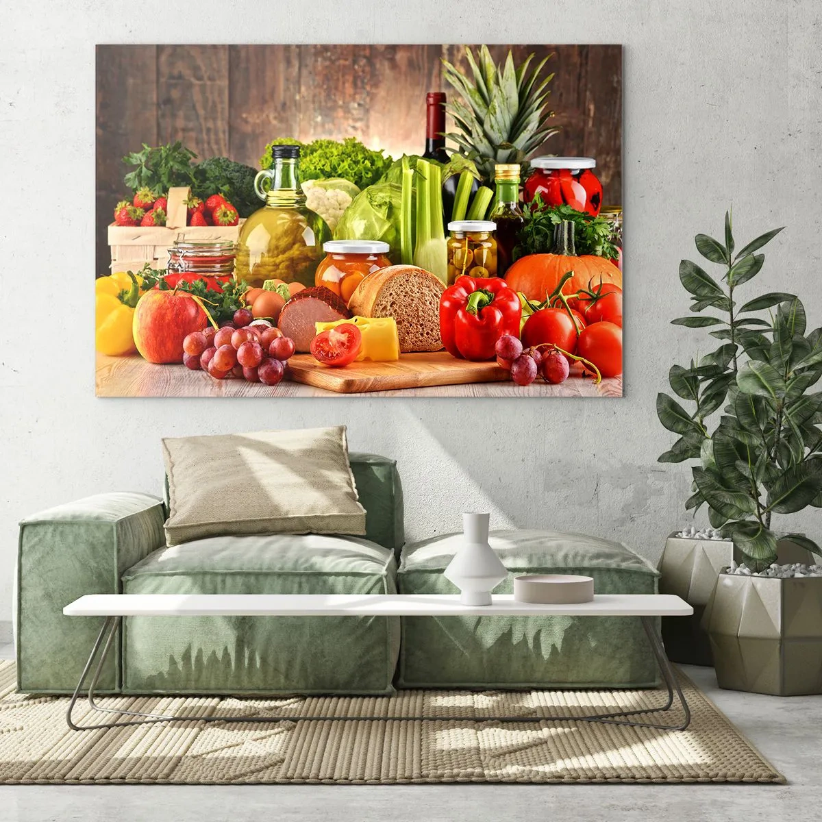 Glasbild - Bild auf glas - Buntes Gemüse, Obst, Brot und Konfitüren auf einem hölzernen Hintergrund - 100x70cm - Geräuchert, gebacken und eingelegt - Moderne Wanddekoration für Wohnzimmer und Schlafzimmer ARTTOR
