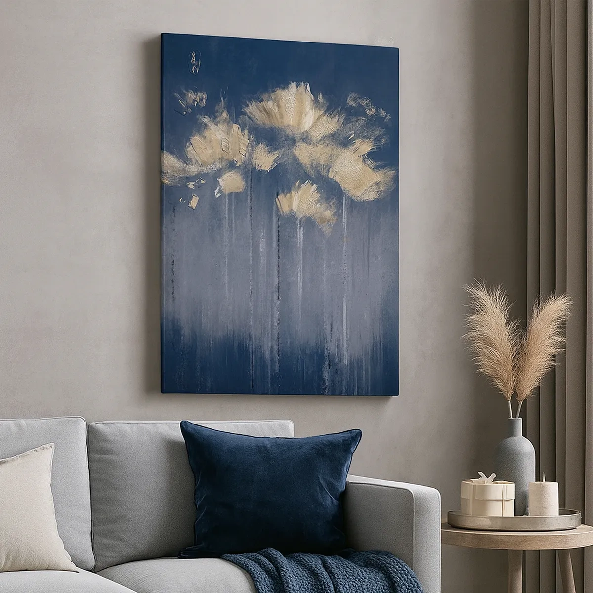 Bild auf Leinwand - Leinwandbild - Zarte Blüten auf blauem Hintergrund - 50x70cm - Wie Blütenblätter im Wind - Moderne Wanddekoration für Wohnzimmer und Schlafzimmer ARTTOR