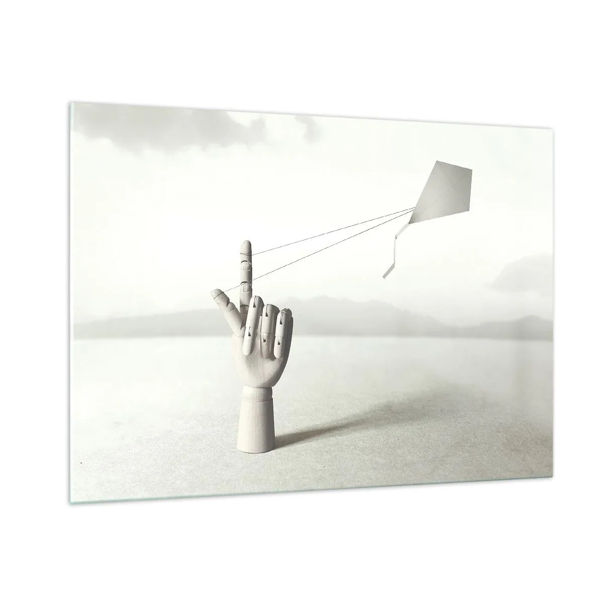 Glasbild - Bild auf glas - Eine Holzhand, die einen schwebenden Drachen auf dem Finger hält - 100x70cm - Kraftprobe - Moderne Wanddekoration für Wohnzimmer und Schlafzimmer ARTTOR