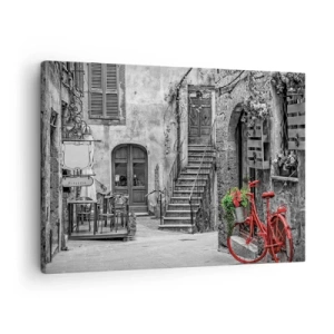Bild auf Leinwand - Leinwandbild - Ein rotes Fahrrad in einer schwarz-weißen Straße - 70x50cm - Toskanische Gasse - Moderne Wanddekoration für Wohnzimmer und Schlafzimmer ARTTOR
