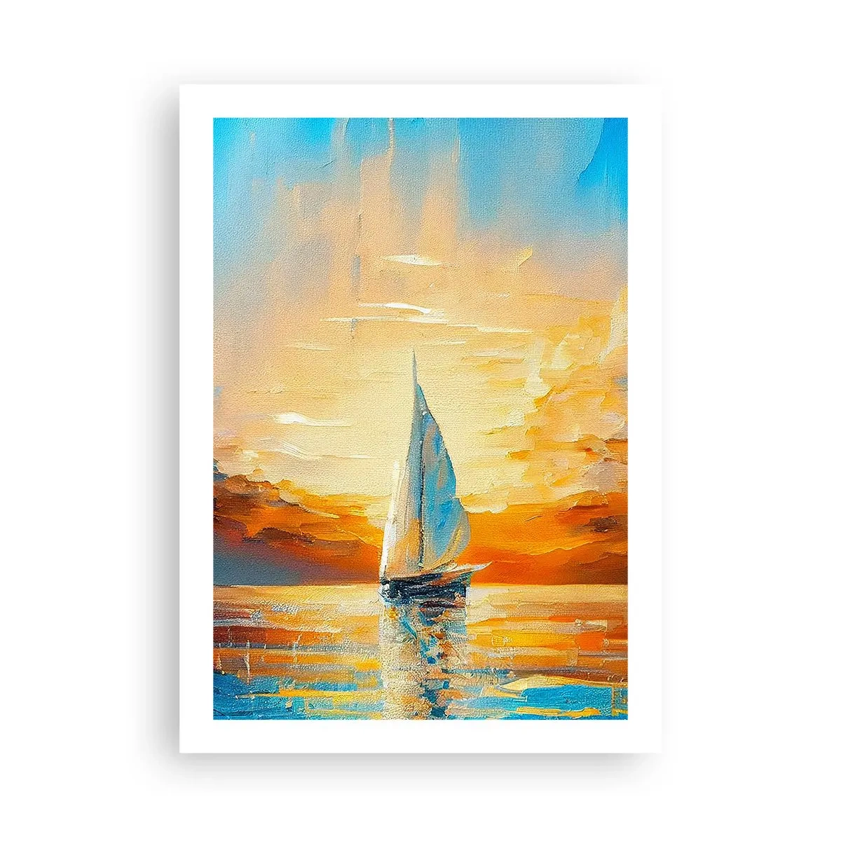 Poster - Ein Segelboot vor der Kulisse eines goldenen Sonnenuntergangs - 50x70cm - In Gold segeln - Moderne Wanddekoration für Wohnzimmer und Schlafzimmer ARTTOR