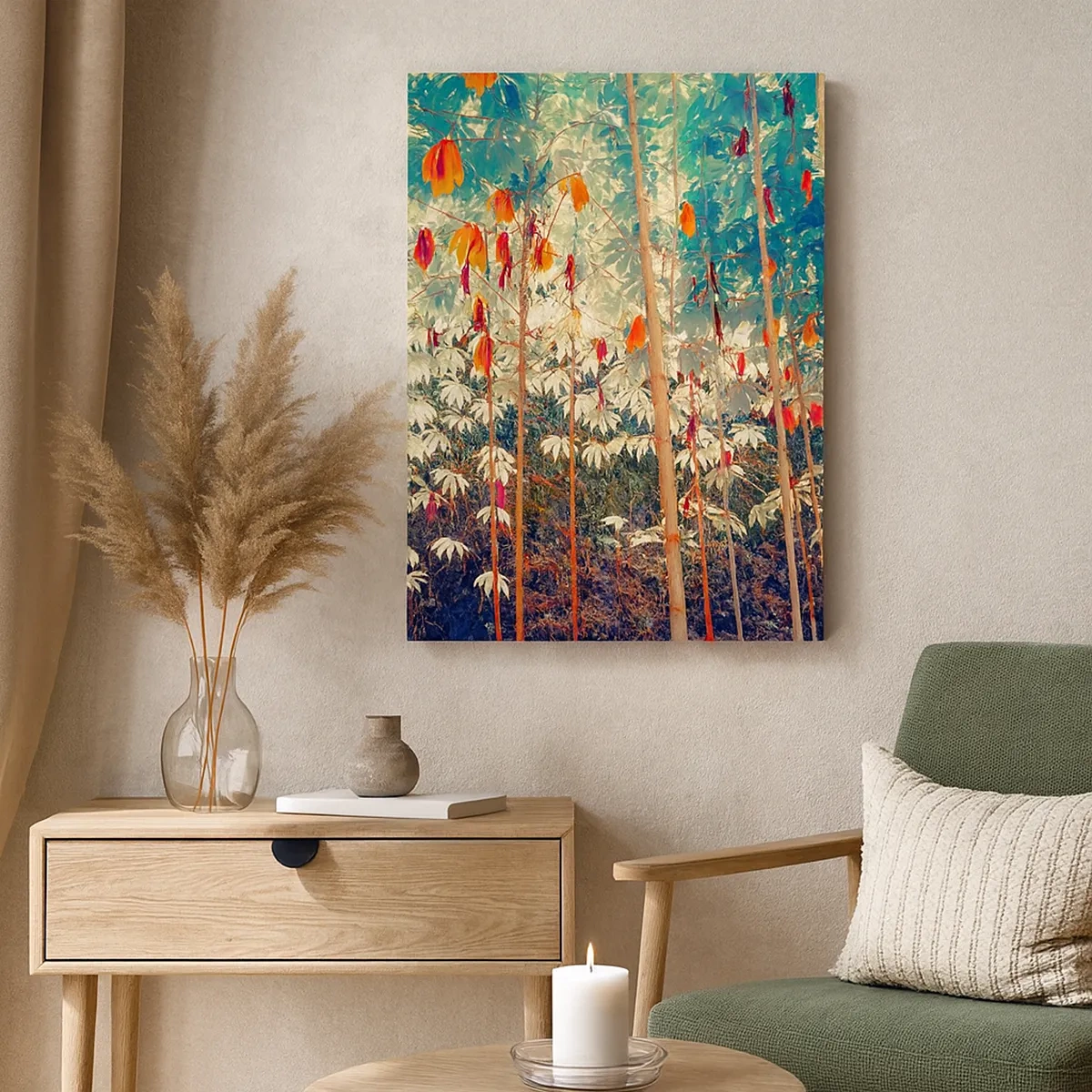 Bild auf Leinwand - Leinwandbild - Ein bunter Bambuswald mit intensiven Farben - 50x70cm - Das geheime Leben der Blätter - Moderne Wanddekoration für Wohnzimmer und Schlafzimmer ARTTOR