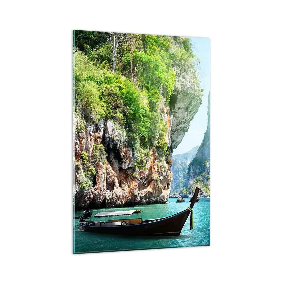 Glasbild - Bild auf glas - Ein traditionelles Boot vor der Kulisse tropischer Klippen und türkisfarbenem Wasser - 80x120cm - Eine Einladung zu einer exotischen Reise - Moderne Wanddekoration für Wohnzimmer und Schlafzimmer ARTTOR