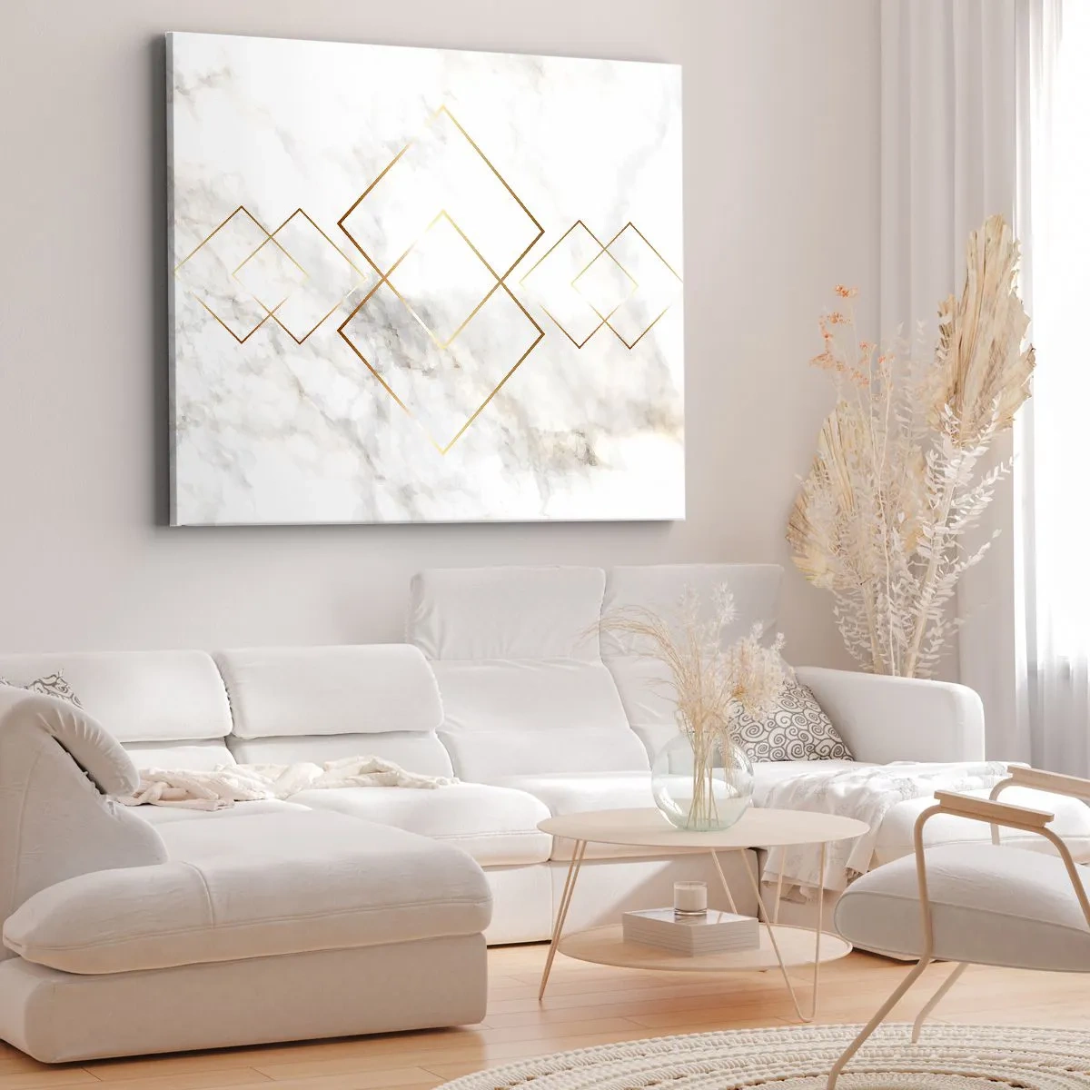 Bild auf Leinwand - Leinwandbild - Minimalistische goldene Rauten auf Marmorhintergrund - 70x50cm - Ein Blick in die Unendlichkeit - Moderne Wanddekoration für Wohnzimmer und Schlafzimmer ARTTOR