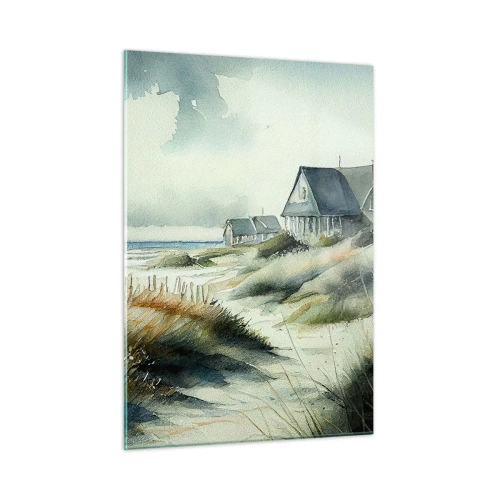 Glasbild - Bild auf glas - Dünenhäuser am Strand unter bewölktem Himmel - 50x70cm - Abseits vom Trubel - Moderne Wanddekoration für Wohnzimmer und Schlafzimmer ARTTOR
