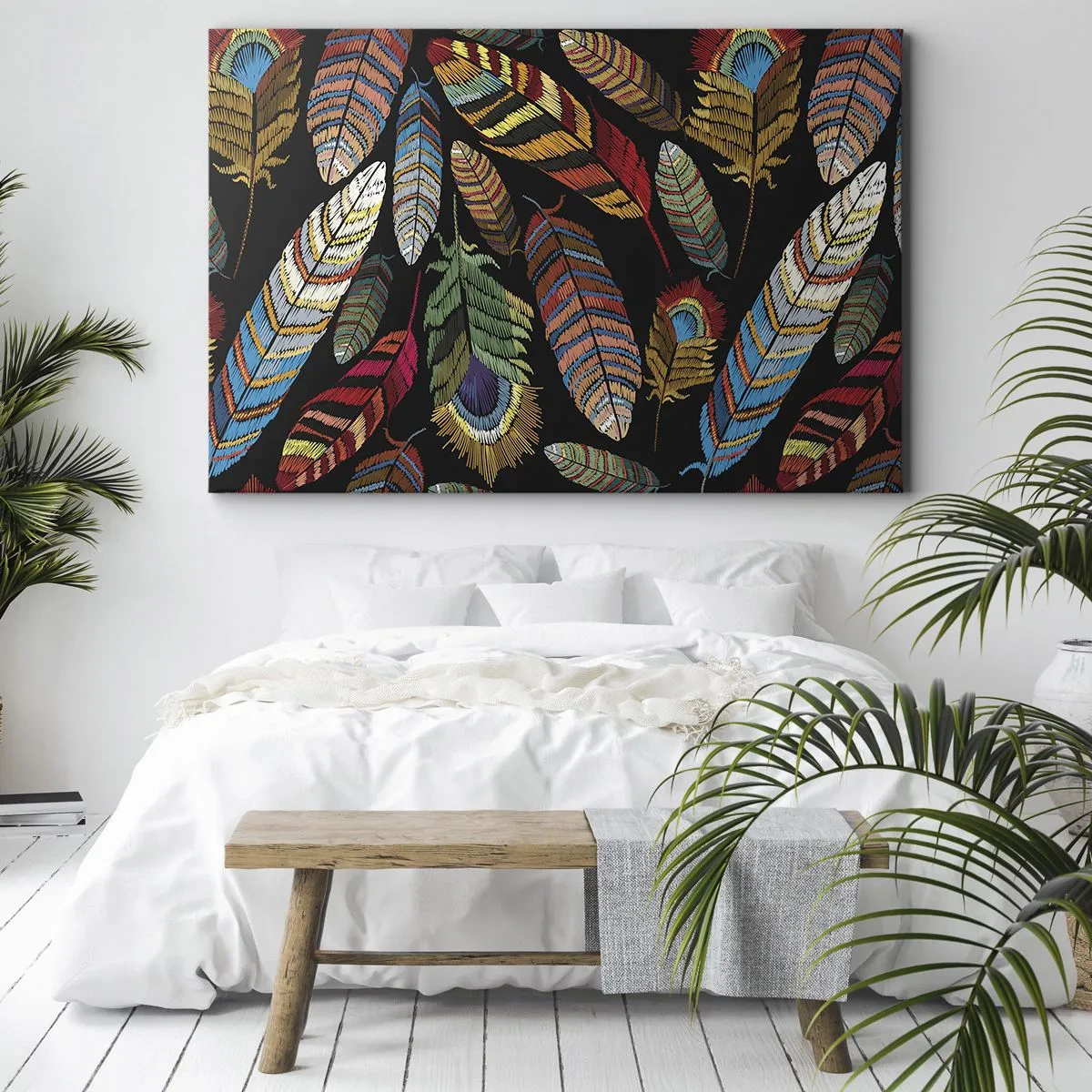 Bild auf Leinwand - Leinwandbild - Bunte Federn auf schwarzem Hintergrund - 100x70cm - Der Vogelkarneval - Moderne Wanddekoration für Wohnzimmer und Schlafzimmer ARTTOR