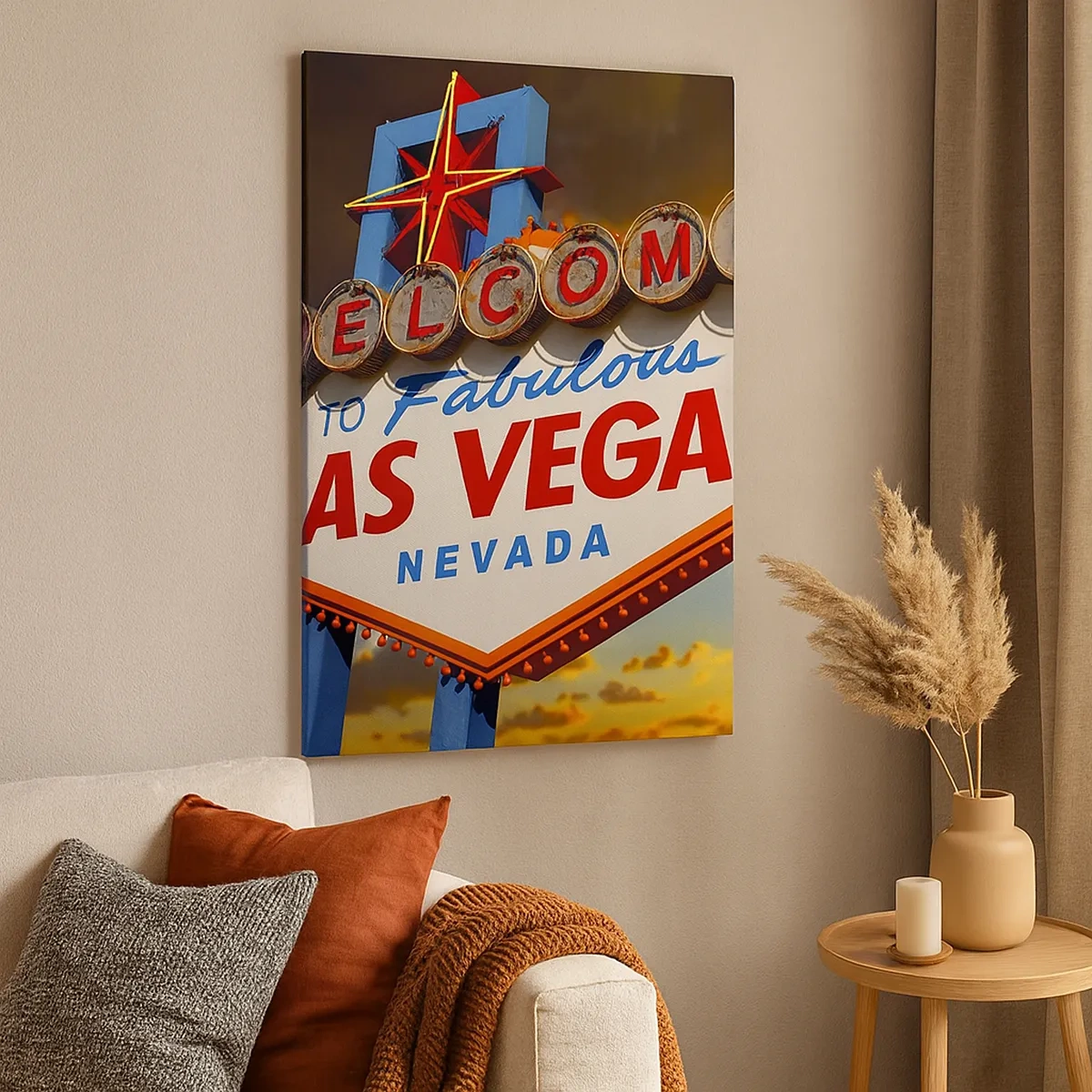 Bild auf Leinwand - Leinwandbild - Das berühmte Schild „Welcome to Fabulous Las Vegas“ bei Sonnenuntergang - 50x70cm - Für ein Lächeln des Schicksals - Moderne Wanddekoration für Wohnzimmer und Schlafzimmer ARTTOR