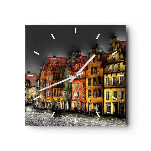 Wanduhr - Glasuhr - Bunte Mietshäuser auf einer Kopfsteinpflasterstraße in der historischen Stadt - 30x30cm - Es fehlt nur noch ein verzaubertes Taxi - Moderne Wanddekoration für Wohnzimmer und Schlafzimmer ARTTOR