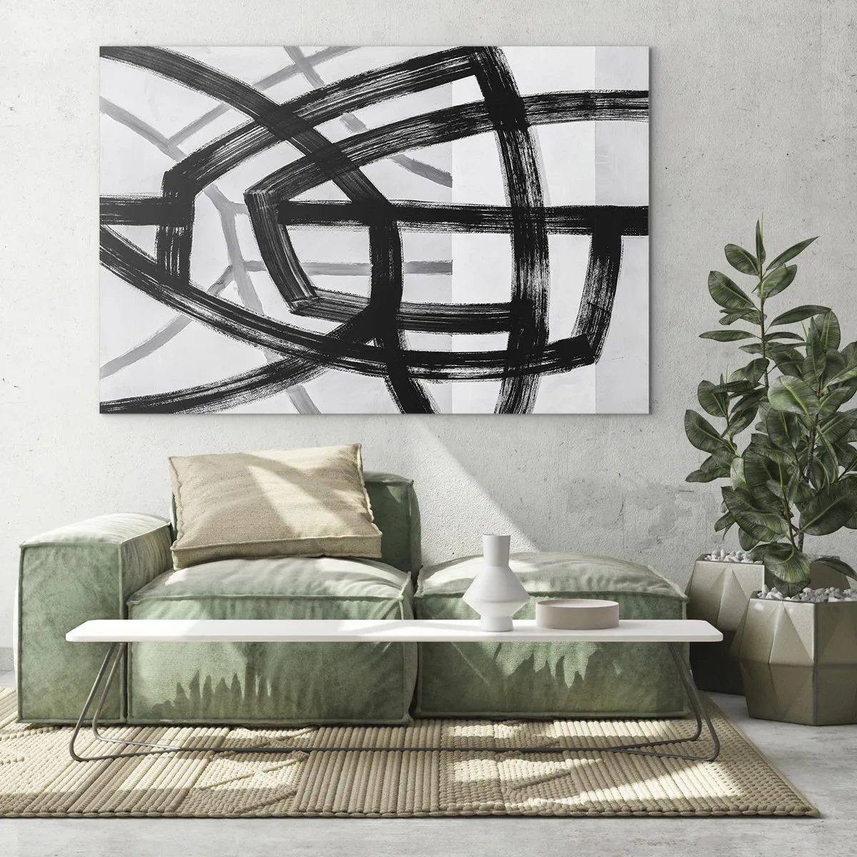 Glasbild - Bild auf glas - Schwarze und graue Pinselstriche erzeugen ein dynamisches Liniennetz. - 70x50cm - Bautiefe - Moderne Wanddekoration für Wohnzimmer und Schlafzimmer ARTTOR