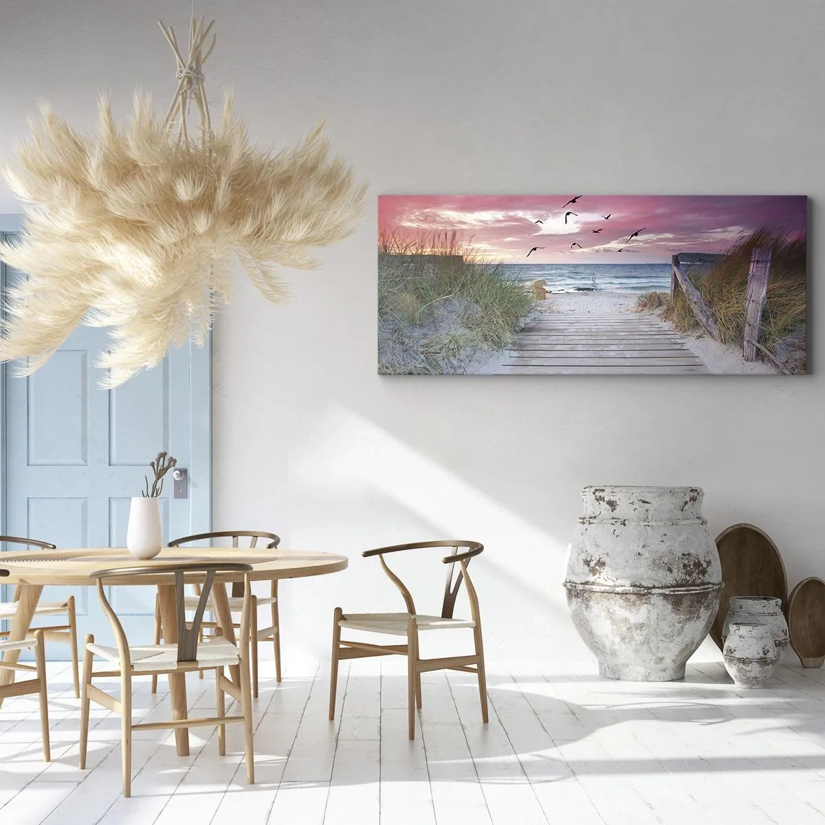 Bild auf Leinwand - Leinwandbild - Holzweg am Strand bei rosa Sonnenuntergang - 120x50cm - Baltischer Eindruck - Moderne Wanddekoration für Wohnzimmer und Schlafzimmer ARTTOR