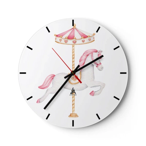 Wanduhr - Glasuhr - Ein weißes Karussellpferd mit rosa Sattel auf weißem Hintergrund - 30x30cm - Er legte los - Moderne Wanddekoration für Wohnzimmer, Küche und Schlafzimmer ARTTOR